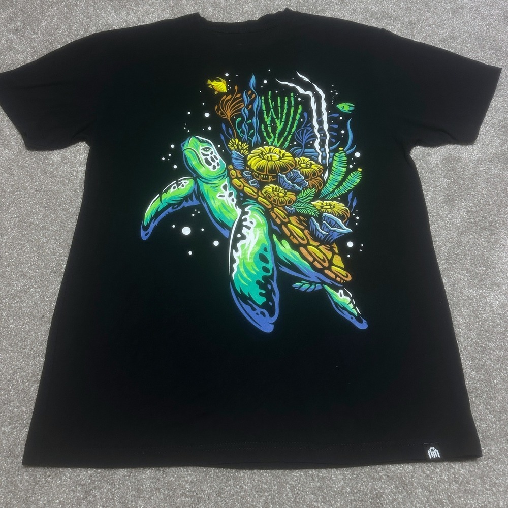 INTO THE AM Mens M Sea Turtle Coral Reef Graphic Tee Black Neon Streetwear